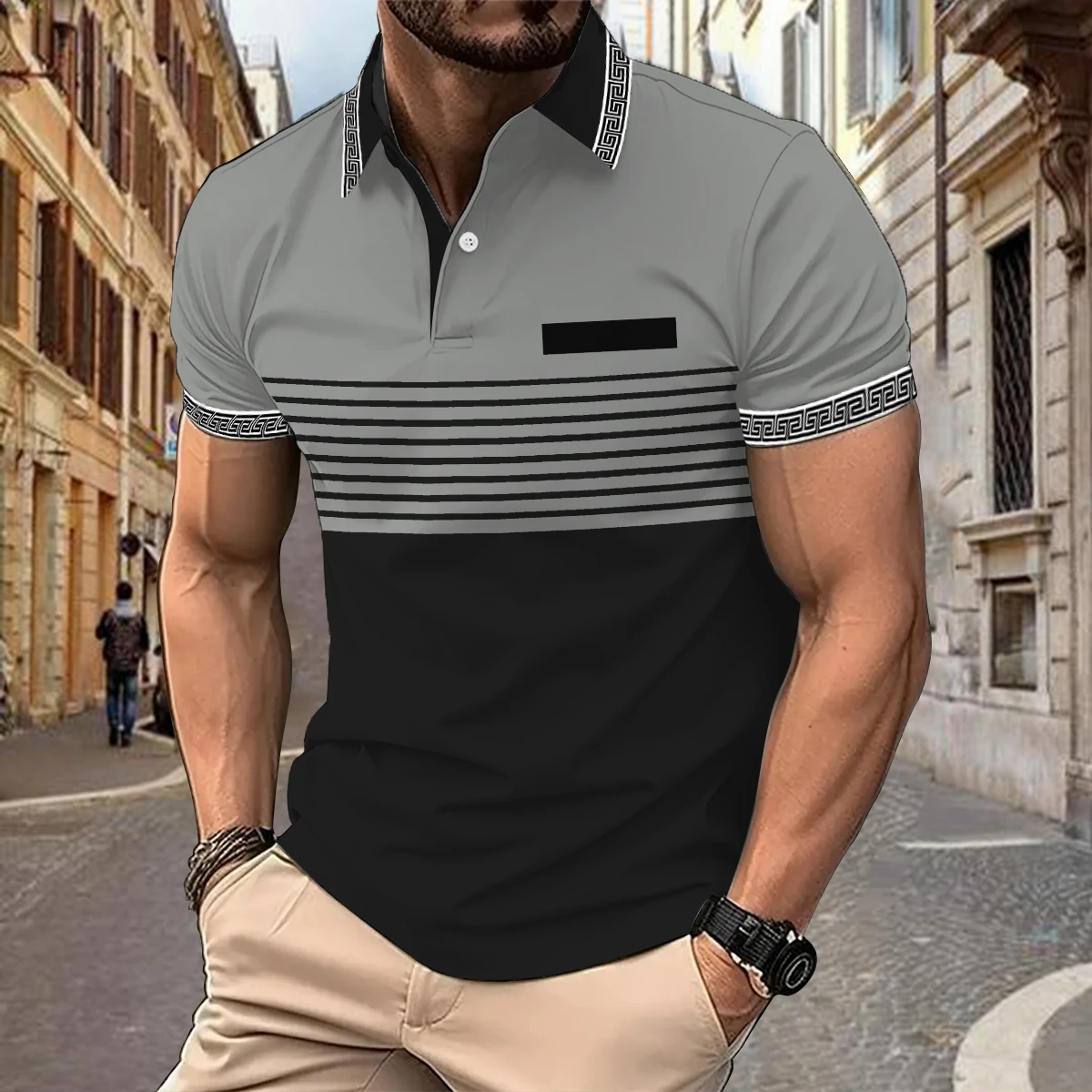 Camisa polo casual masculina, tamanho grande, botão decote em v, camiseta combinando listra empresarial, impressão por sublimação térmica, top, 2024