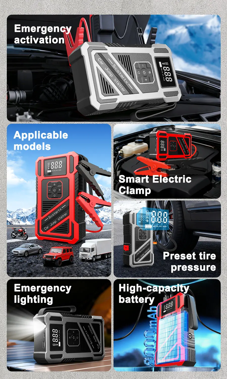 1800*4 Batteriebetriebener Tragbarer 4-in-1 Auto-Starter mit 150PSI Luftkompressor, Smart-Inflator, Notfall-Batteriestarter und Luftpumpe – Detail 1