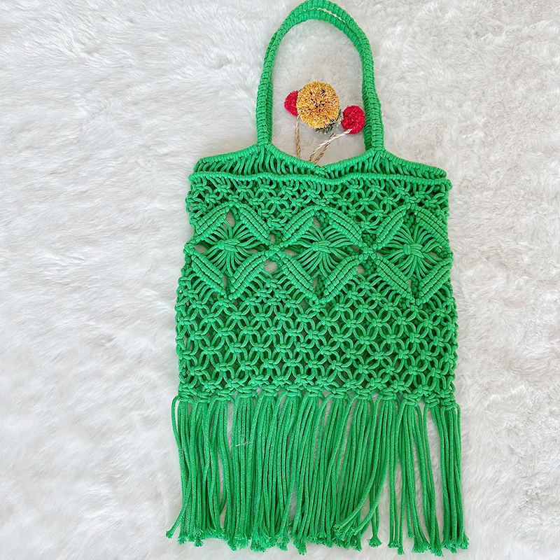 2024Handmade Tassel Cotton Thread Crochet Women's Shoulder Bag Bohe Bolsos Feminine Mesh Rope Weaving Tote Bag Summer Beach Bag