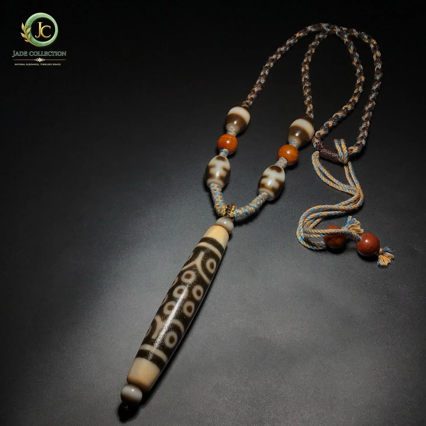 Tibetan Old Oily Agate Dzi 21 Eyes Bead Amulet Necklace J0529