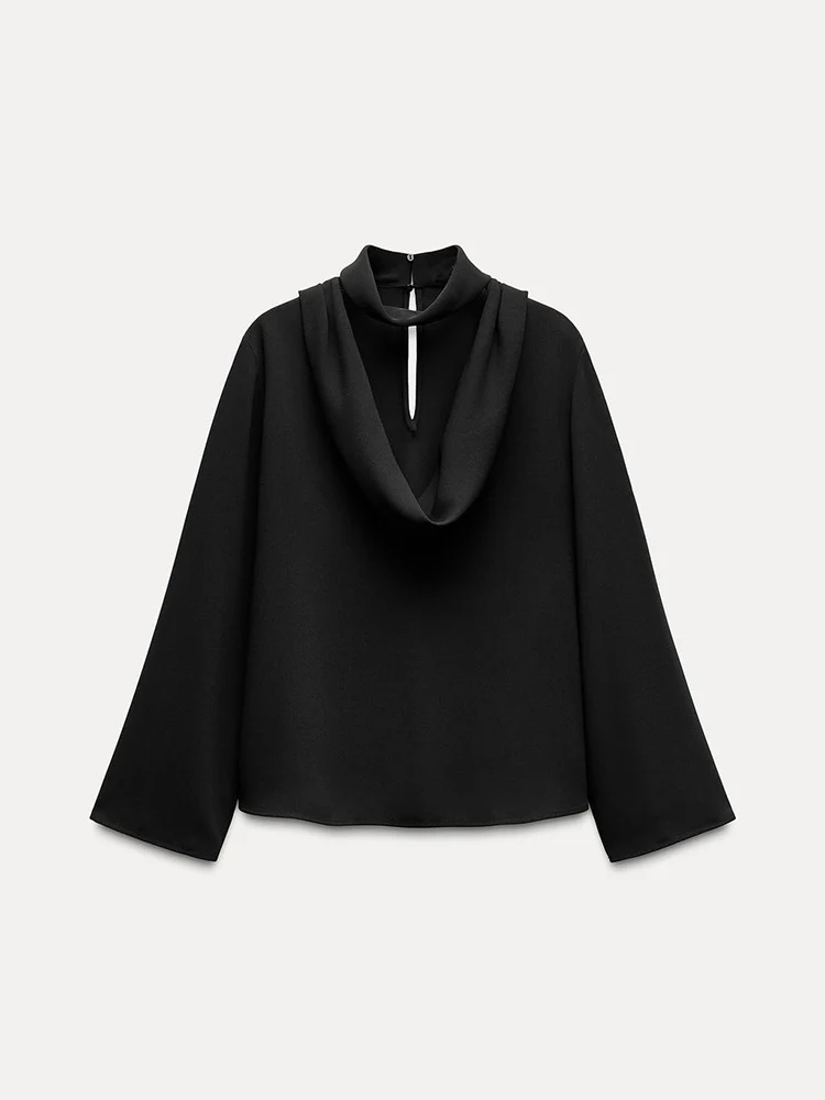 เสื้อเบลาส์ผู้หญิงคอตั้งทรงยาว แต่งระบายจีบเรียบง่าย สไตล์ใหม่รับฤดูใบไม้ผลิ