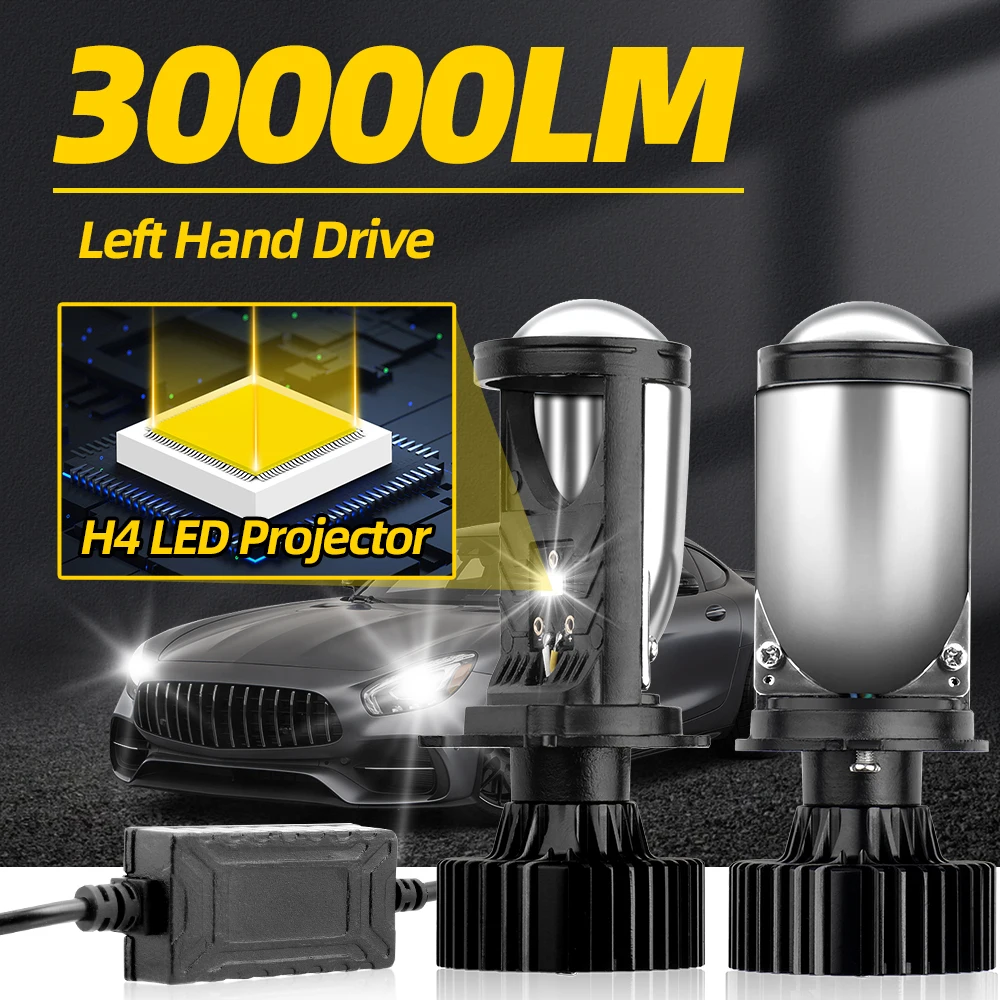 

1/2Pcs H4 LED Projector Lens Headlight Canbus 6000K Hi/Lo Beam Bulb Left-hand Driving with Turbo Fan 30000LM Motorcycle Lamp 12V