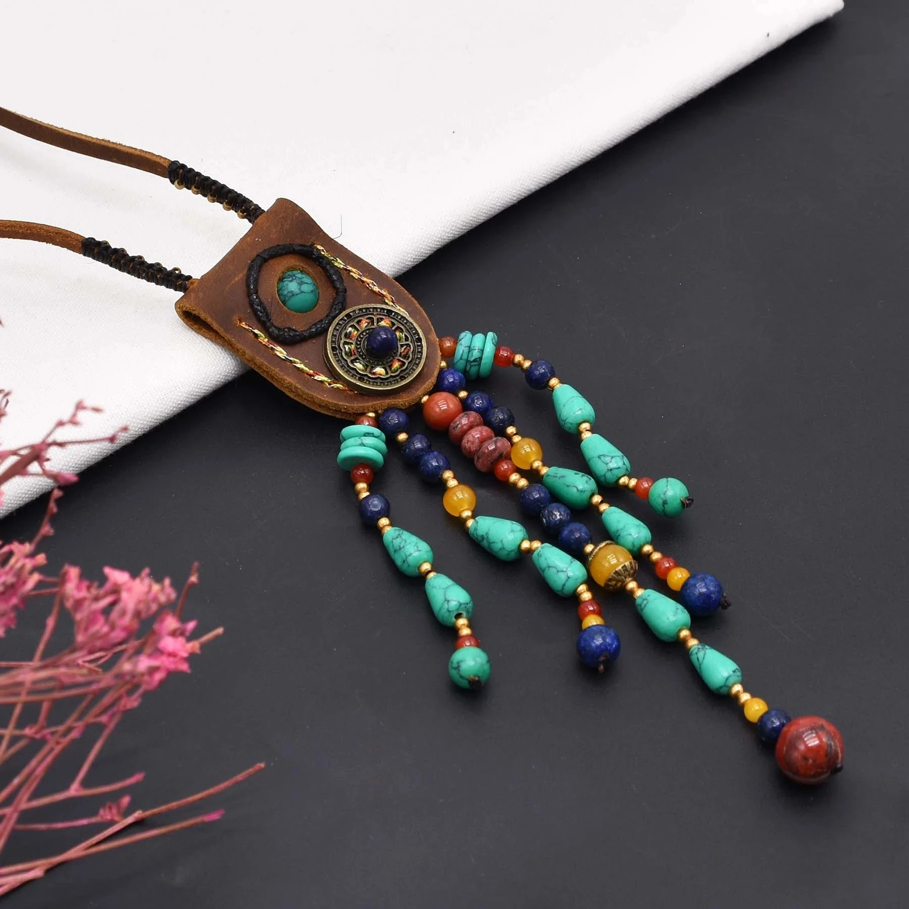 Tibetan Ethnic Leather Turquoise Pendant Necklace Bohemian Traditional Alloy Leaves Tassel Vintage Clothing Choker Jewelry