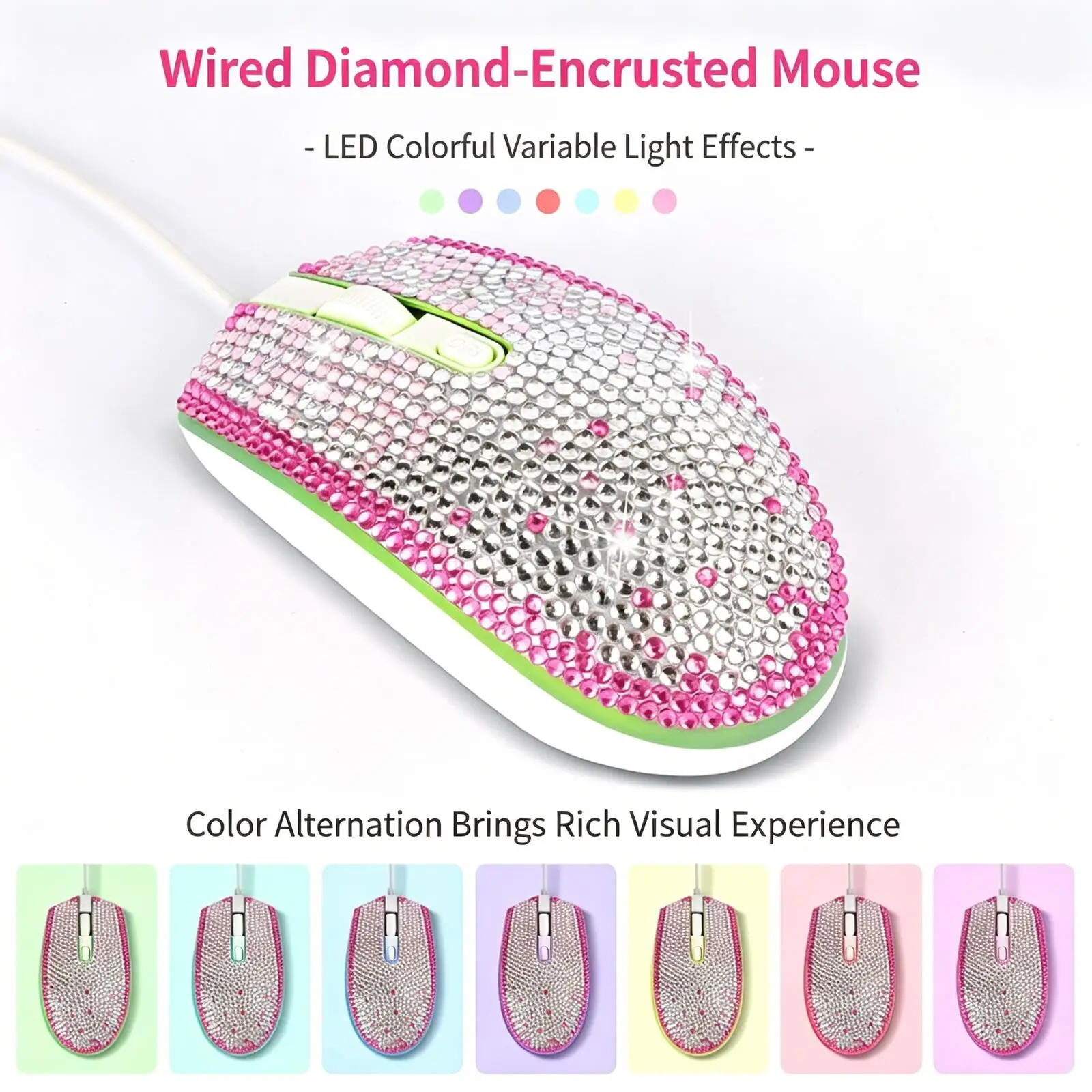 Sparkly Rhinestone Wired Silent Mouse 7 Color Breathing LED Ergonomic USB Optical Mice Plug&Play For Girls Laptop PC Office Gift