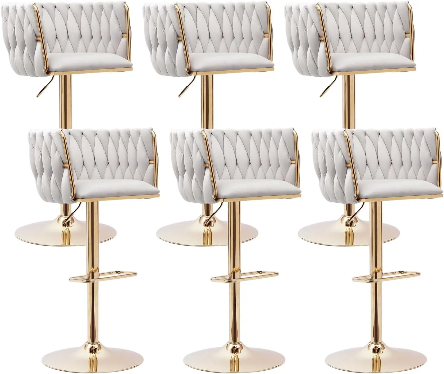 

Beige Velvet Bar Stools Set of 6 - Modern Adjustable Swivel Counter Height Chairs with Woven Back for Kitchen Island, Dining