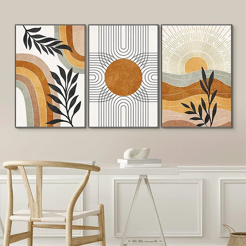 Boho Sun Desert Plant Wall Art Poster Abstract Geometric Leaves Canvas Painting Print Picture Modern Living Room Home Decoration