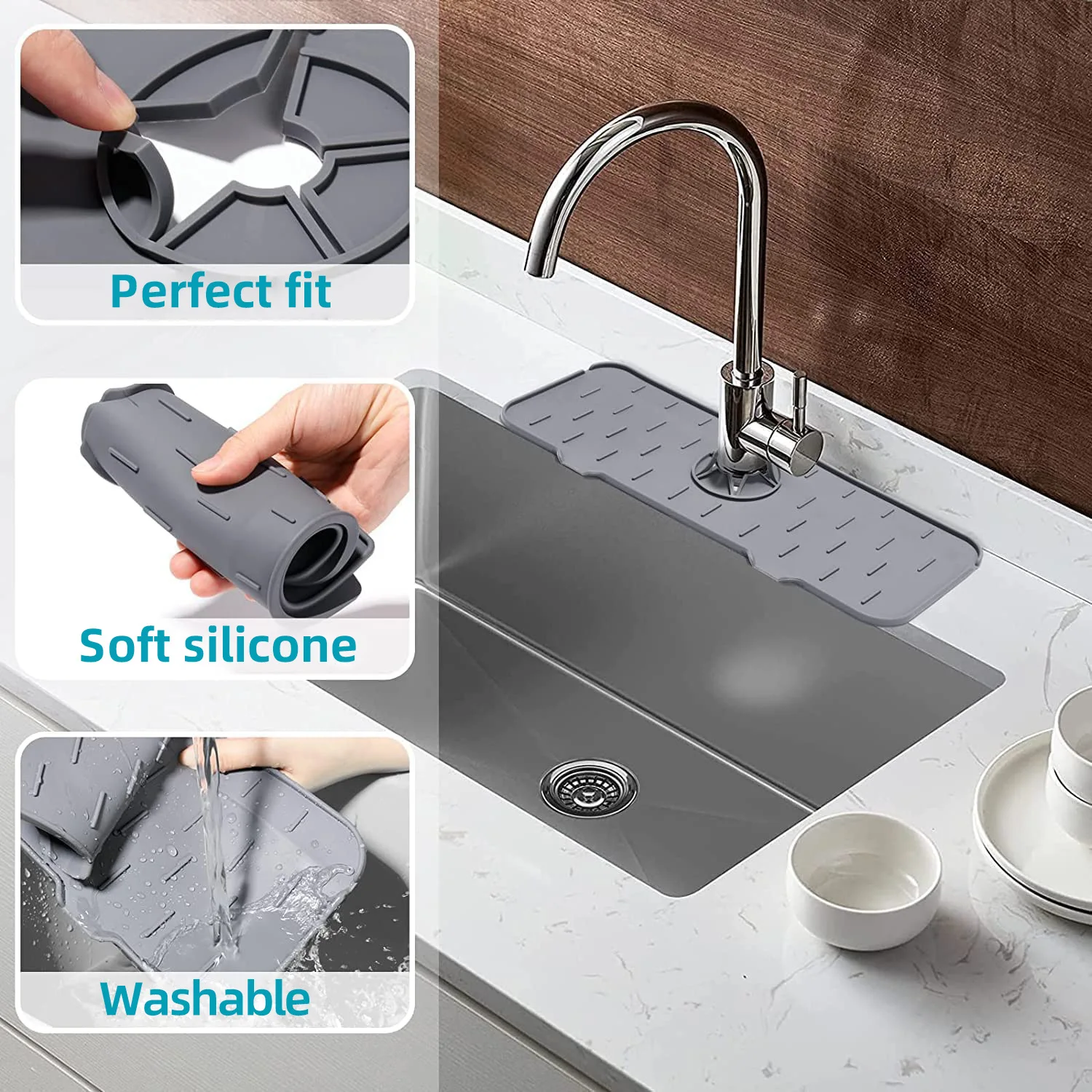 Kitchen Silicone Faucet Mat for Sink Sponge Drain Rack Foldable Sink Mat Faucet Splash Catcher Bathroom Countertop Protector Mat