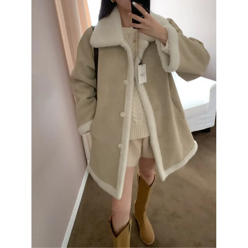Retro Double-Sided Wear Leather Fur Inteated Medium-Length Coat Women Chic Faion Turn Collar Cotton Clothes Trend