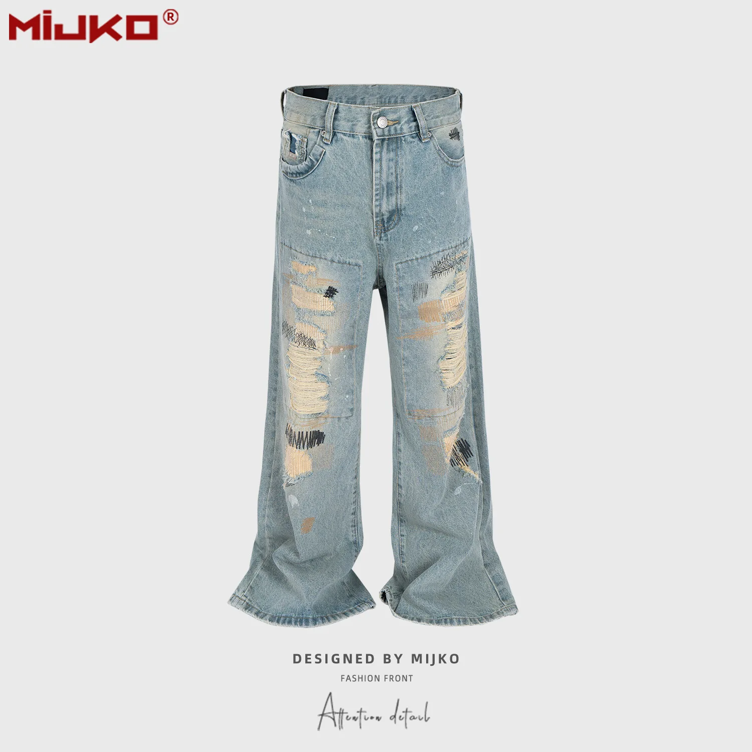 

MIJKO American Distressed Men's Straight Leg Jeans Spring Autumn Loose High Waist Wide Leg Floor-Length Pants