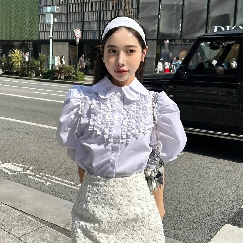 Summer 2025 New Japanese Sweet Short Sleeve Shirt Women's Flower Collar Fungus Edge Bubble Sleeve Top Ladies Casual Blouses