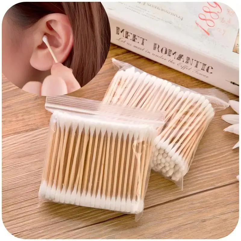 Bamboo and Wood Stick Double Headed Multifunctional Disposable Sanitary Cotton Swab Ear Scoop Makeup Remover Cotton Swab