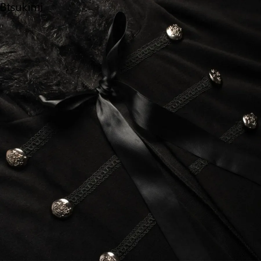 جديد 2025 للهالوين للكبار في القرون الوسطى Steampunk القراصنة عباءة تأثيري الفراء مقنعين طويل القوطية الرجعية بلون سترة للنساء الرجال