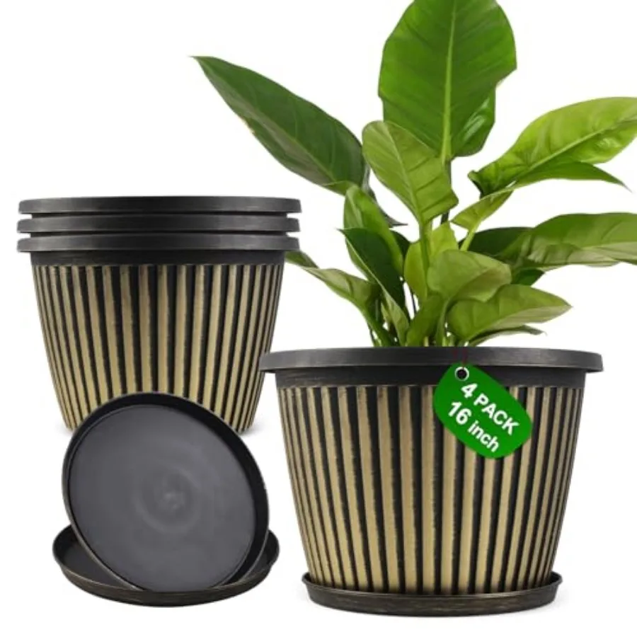 

Большие пластиковые горшки для растений (4 шт.) для дома и улицы с поддонами и дренажными отверстиями, современные садовые кашпо