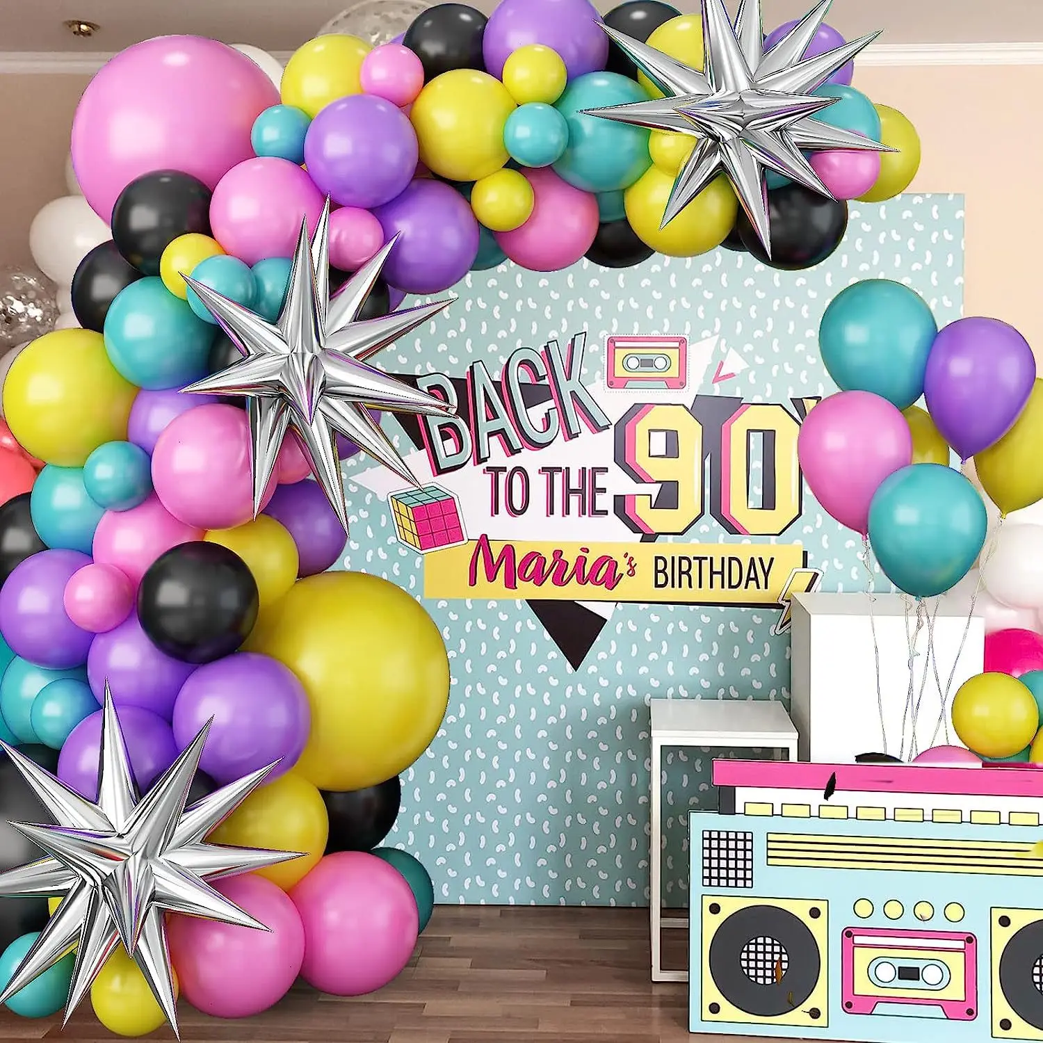 107 Uds. Un juego de corona de fiesta musical temática de los años 90 y 80, decoración de escena de cumpleaños con globo de papel de aluminio con estrella explosiva plateada