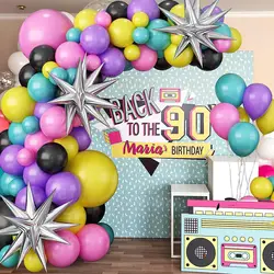 107Pcs A set of 90S 80S themed music party wreath set, silver exploding star aluminum foil balloon birthday scene decoration