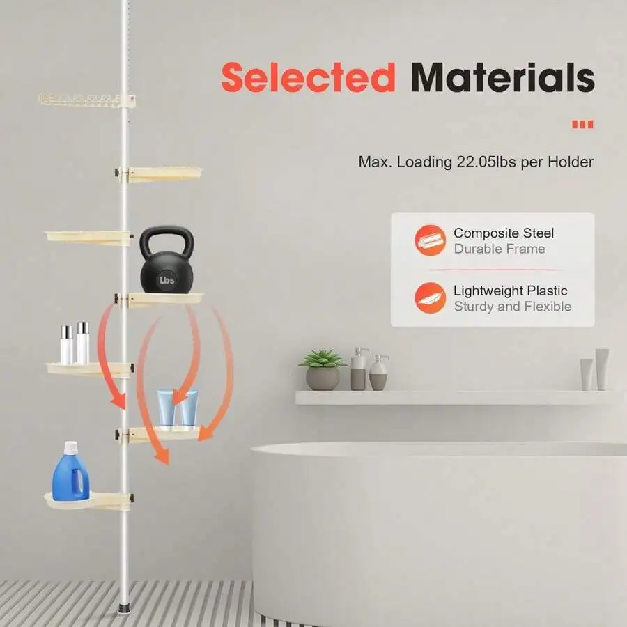 

Tension Pole Corner Shelf - Adjustable Height Free Standing Storage Unit, No Drilling & No Assembly Required, Ideal Space Saver for Bathroom, Kitchen & Closet 7 Tier Adjustable Height Plant Stand Telescopic Tension Rod Shelf For Home Office