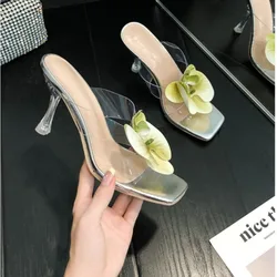 Low Top Women's Slippers Roman Rubber Fabric Slippers Hoof Heels Women's 2024 Transparent Strappy Flower Sandals heels women