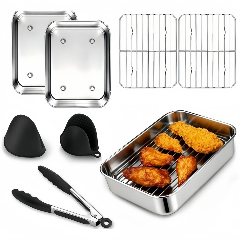 Stainless Steel Air Fryer Accessories 7 Pcs Baking Tray Rack Silicone Tongs Gloves Airfryer Cooking Tool Set