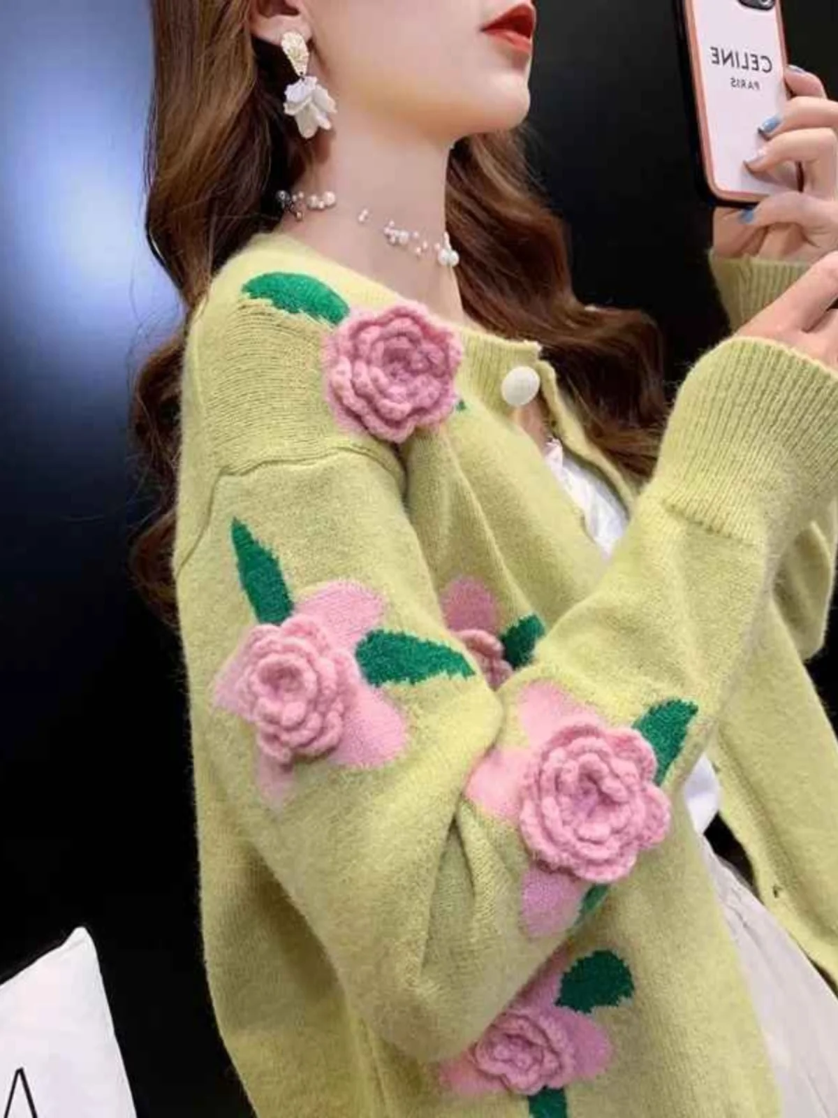 Spring New Heavyweight Knitted Open Cardigan Women's Loose Fashion Sweater Jacket Trendy Color Block Floral Decoration