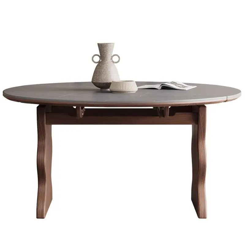 

Solid wood foldable rock slab dining table antique variable round table retractable modern simple American household