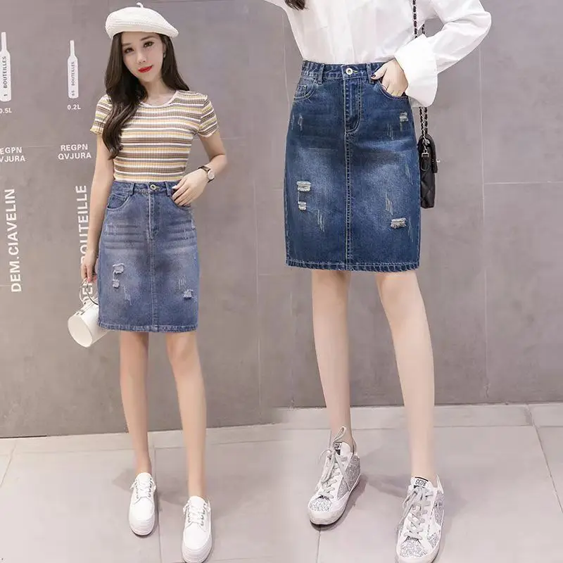 Female Jeans Skirts With Pocket To Knees Length Women's Denim Skirt Ripped Vintage Korean Fashion Style Offer Aesthetic Hot Y2k