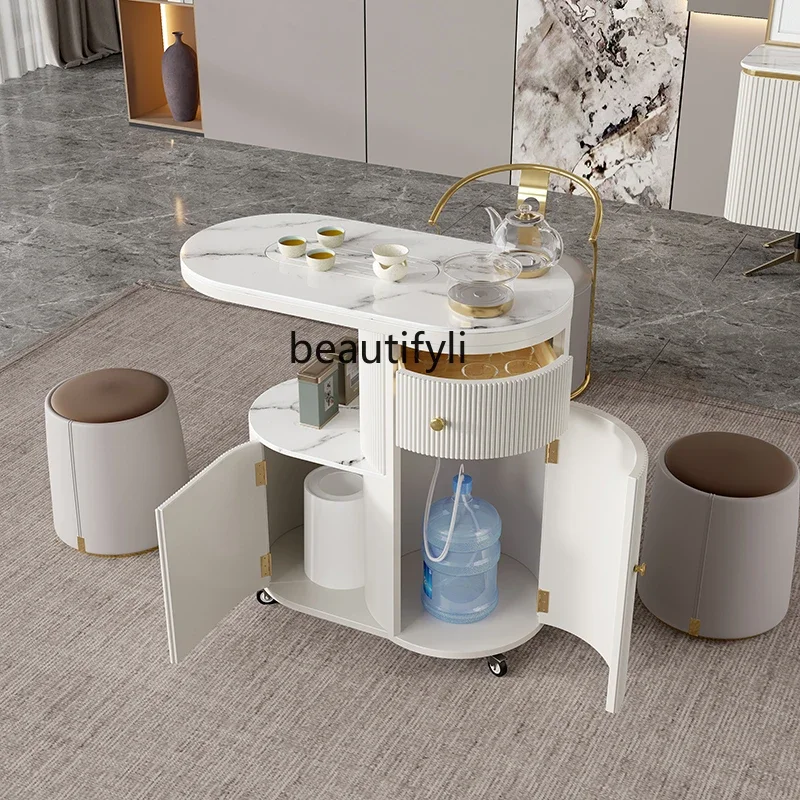 A16 صينية الشاي المنزلية طاولة شاي متحركة وكرسي مزيج ضوء لوحة حجرية فاخرة الحديثة الحد الأدنى شرفة عربة شاي صغيرة