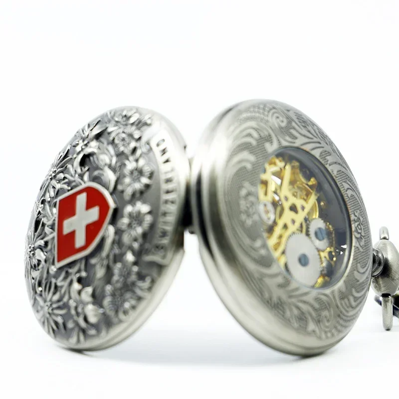 سويسرا الصليب الأحمر الجوف اليد الرياح الميكانيكية ساعة الجيب الكلاسيكية الرجال النساء ساعة الجيب هدية #5