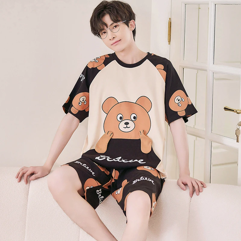 

Summer Couple Women Men Pajama Sets Sleepwear Korean Cartoon Bear Loose Casual Pyjama Round Collar Cotton Adult Unisex Homewear