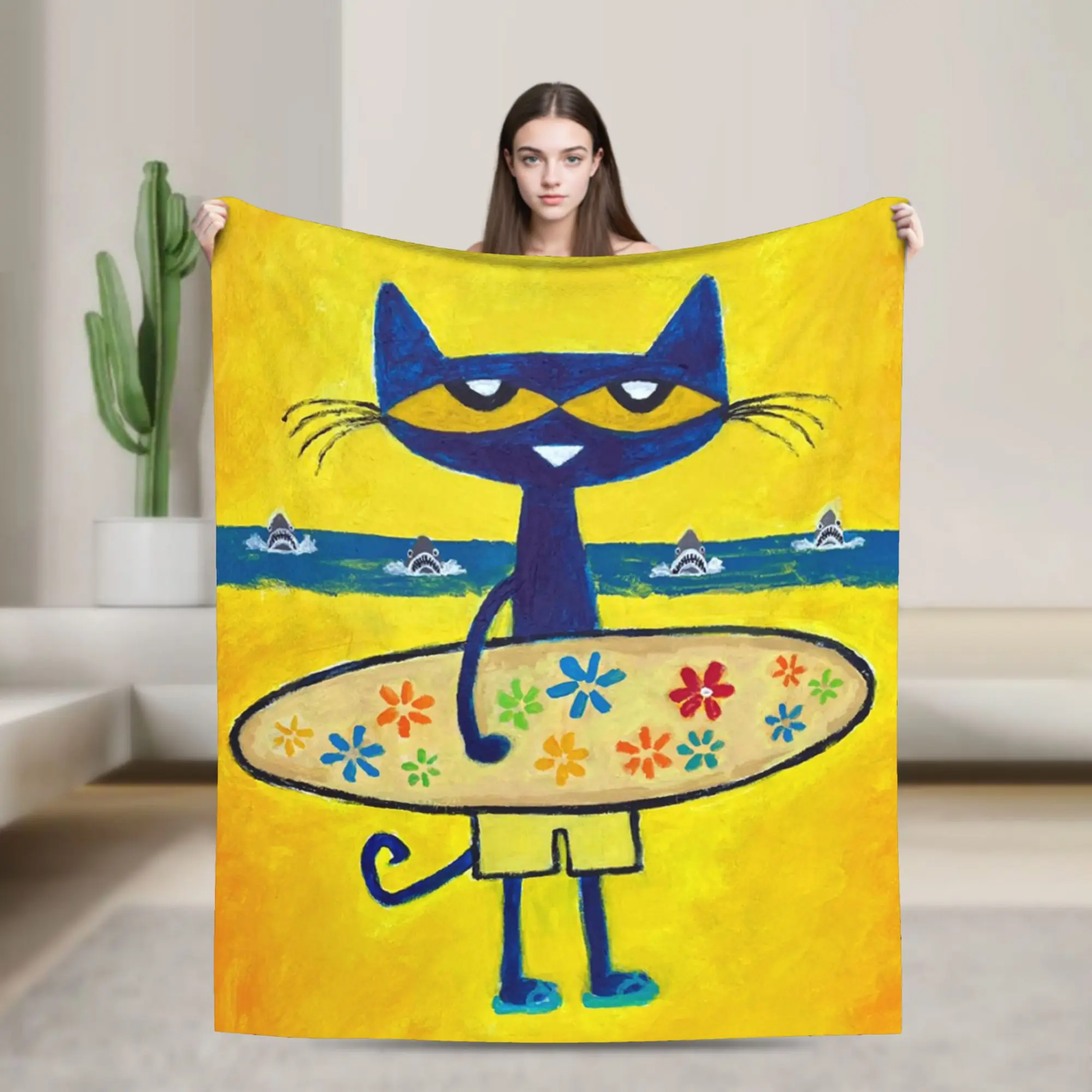 Groovy Cat Pete the Cat  Flannel Blanket  Funny Throw Blanket for Home Hotel Sofa  150*125cm Rug Piece
