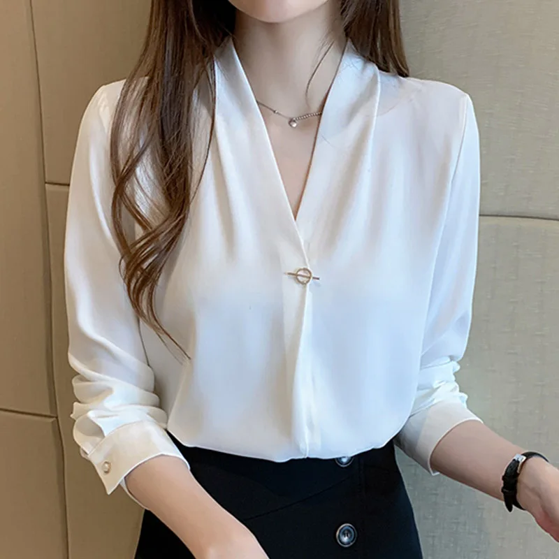 

2025 Fashion New Long Sleeve Office Lady V-Neck Women Blouse White Chiffon Blouse Shirt Women Tops Blusas De Mujer Camisas N637