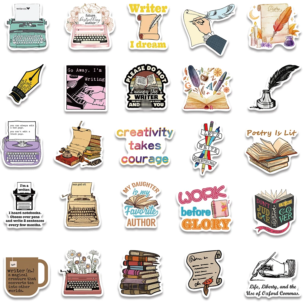 50PCS Writer Writing Book Student Stickers Vintage For DIY Kid Notebook Case Bottle Motorcycle Laptop Refrigerator Decal Toys