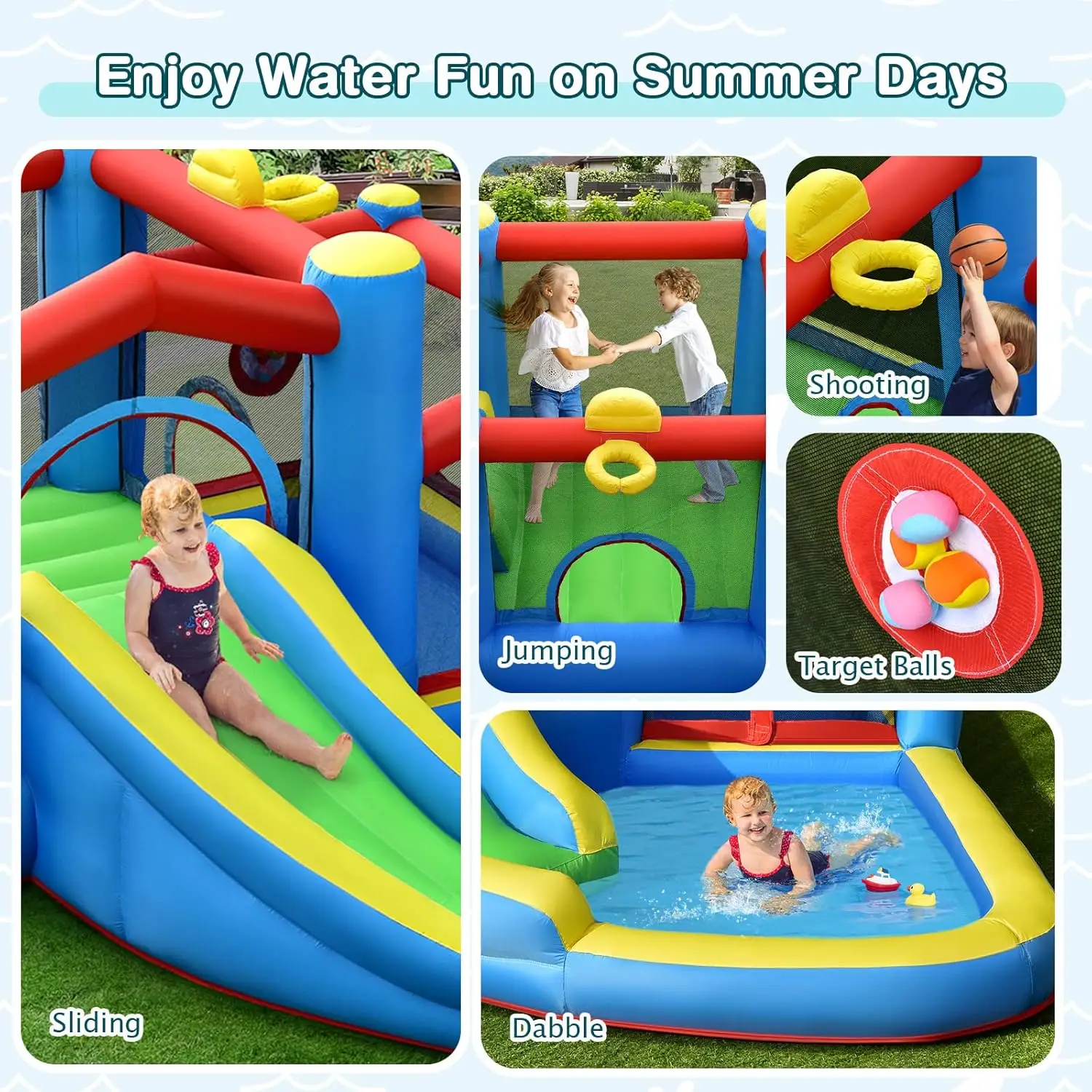 Inflatable Water Slide with 480w Blower, 6-in-1 Toddler Giant Blow Up Bouncy Water Park w/Target Ball&Climb, Water Bounce House
