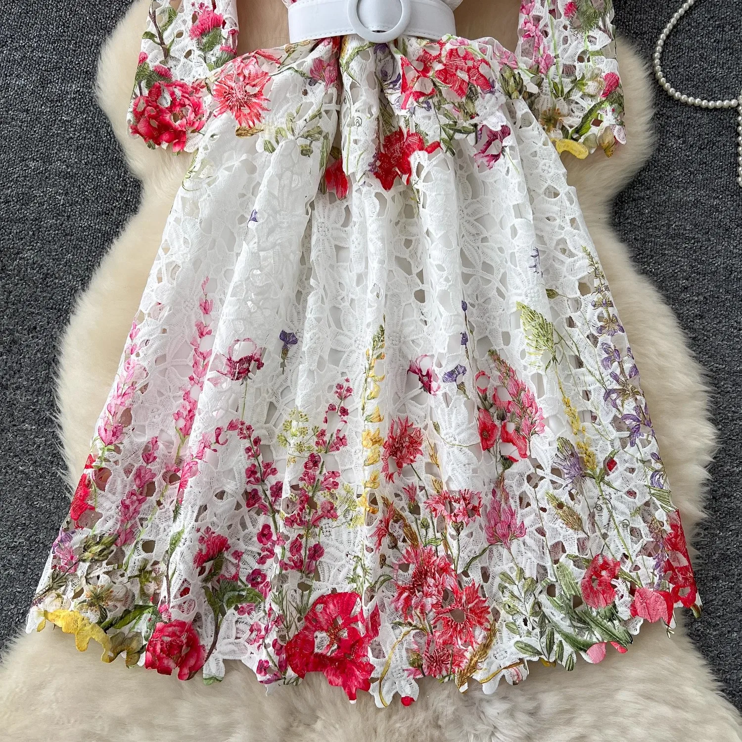 High Quality Summer Spring Lace Flower Print Midi Fashion Women Stand Collar Three Quarter Sleeve Hollow Out Party Casual Dress