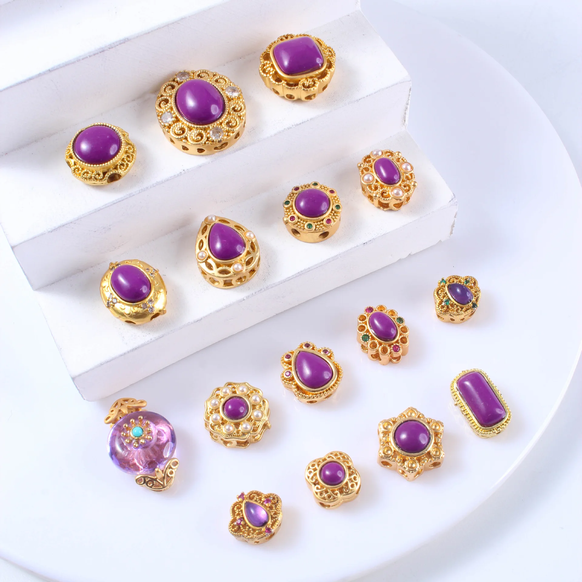 8pcs Copper Gold-plated Inlaid Imitation Amethyst Multi-pass Beads DIY Necklace Bracelet Jewelry Accessories Beading Material