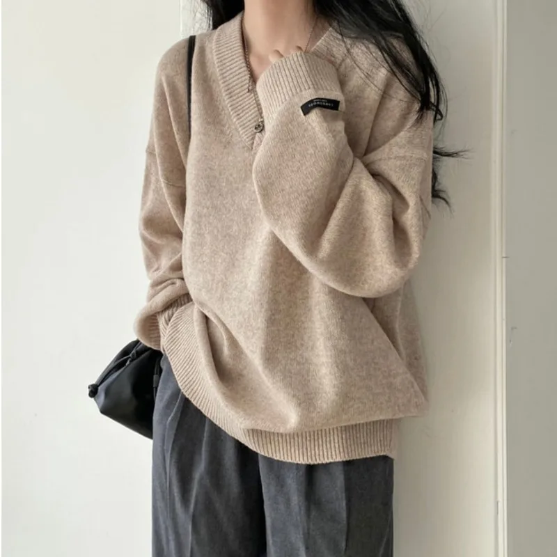 Women's Korean Sle Loose Lazy Sweater, Casual, Mid-Length, V-neck Pullover, Warm Knitted Top, Plus Size Clothing, Fat Girl