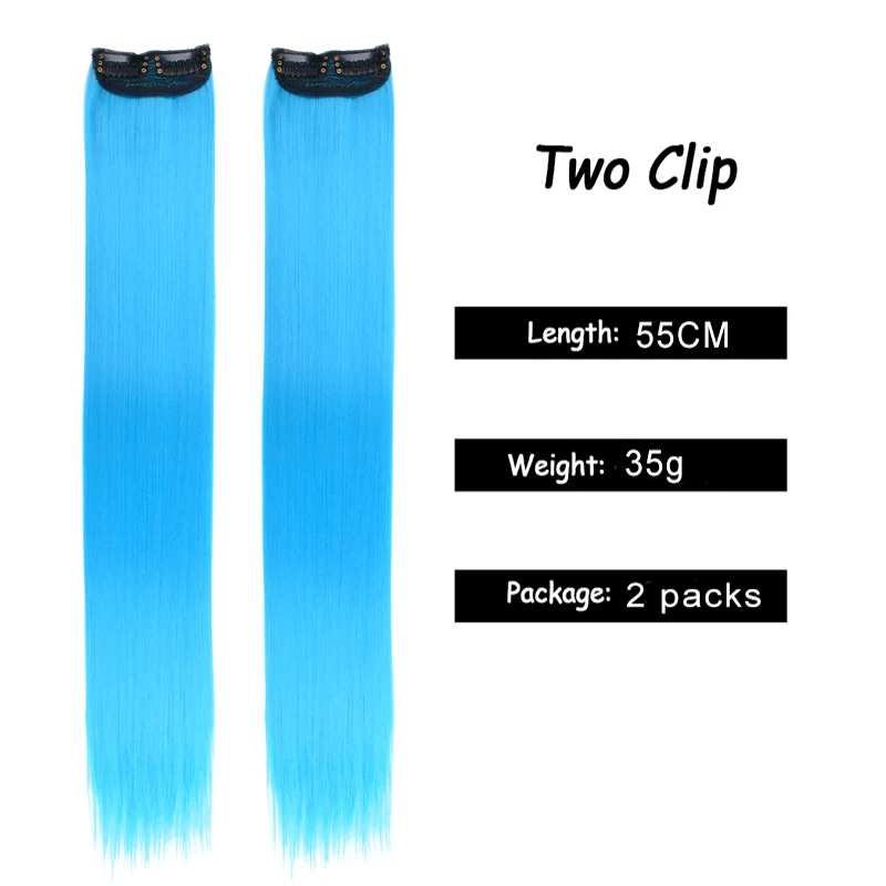 Clipe reto colorido em extensões de cabelo, 22 ", destaques do arco-íris, hairpieces para crianças, presentes coloridos, azul, 2pcs