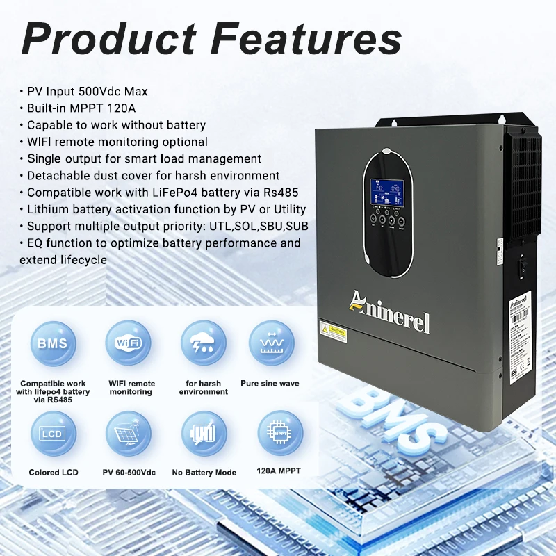 Aninerel 4200W 24V 120Vac Solar Inverter Built-in 120A MPPT Off-Grid Pure Sine Wave Home PV Inverter With WIFI US In Stock