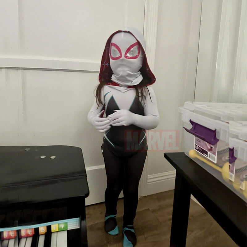 

Girls Gwen Stacy Spider Costume Bodysuit Jumpsuit Kids Halloween Cosplay Party Costume Fantasy Dress Up Mask Hoodies Cloak Suit