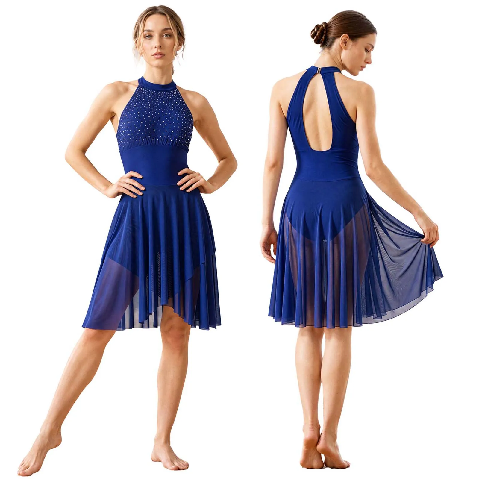 Women Modern Lyrical Dance Dress Halter Sleeveless Rhinestone Mesh Figure Skating Acrobatics Gymnastics Ballet Leotard Dresses