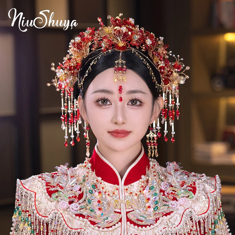 NiuShuya Chinese Traditional Bridal Hairwear Red Ancient Women Hairpins Flower Wedding Jewelry Hair Accessories