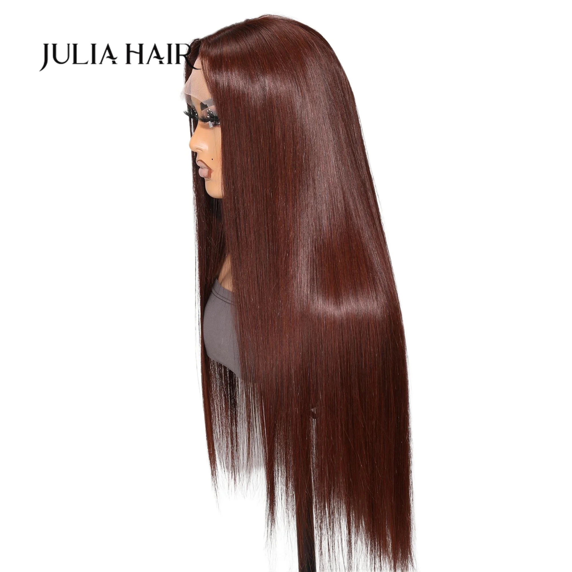 Julia Hair-Peluca de cabello humano con encaje frontal para mujer, pelo rojo prearrancado con pelo de bebé, color marrón intenso Chocolate, 13x4