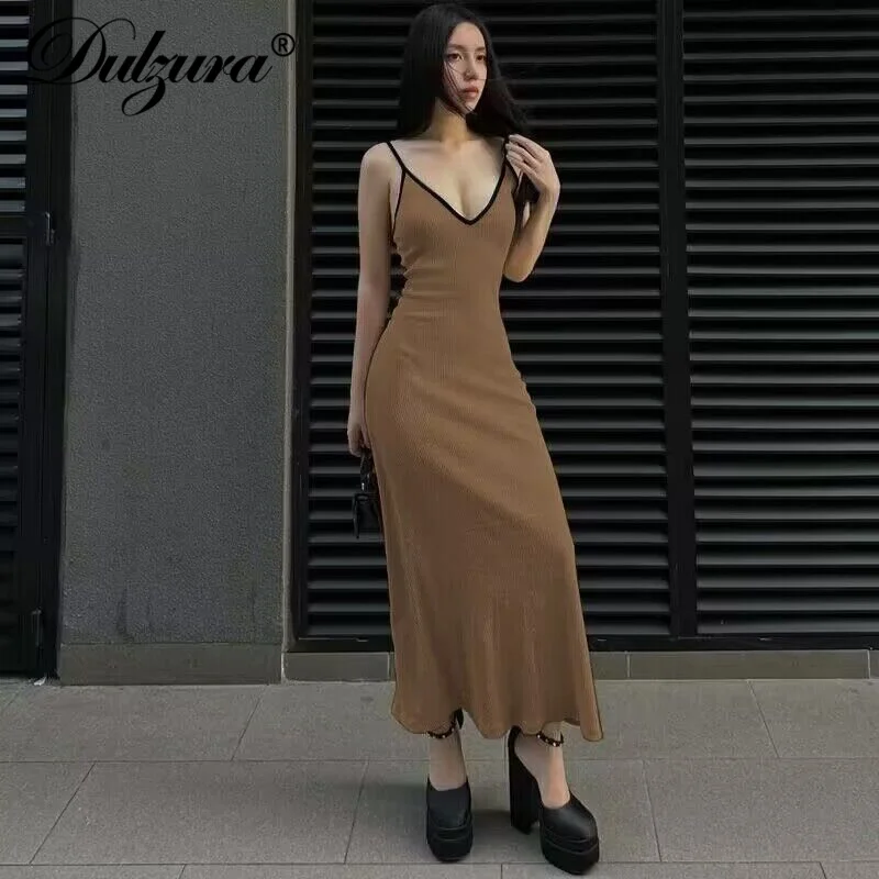 Dulzura RibbedแขนกุดCami Maxiชุดเซ็กซี่ElegantชุดยาวสตรีClubwearฤดูใบไม้ร่วงชุดฤดูหนาว