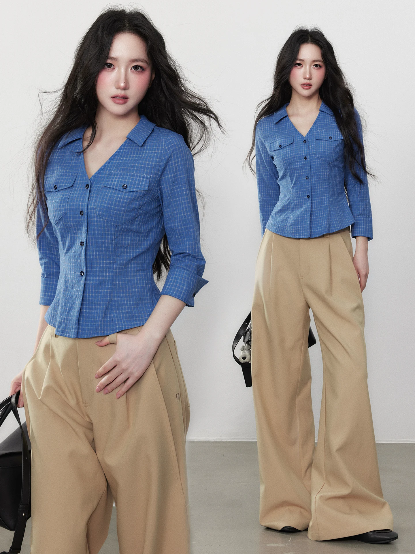 

Yuzhi Premium Blue Plaid Design Long Sve Ne irt Women's Slim Fit Commute Sle Cotton Polyester Blend irt
