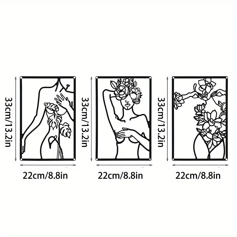 HELLOYOUNG 3pcs Minimalist Abstract Woman Home Art Metal Line Drawing Wall Decor in Bedroom Kitchen Bathroom and Living Room