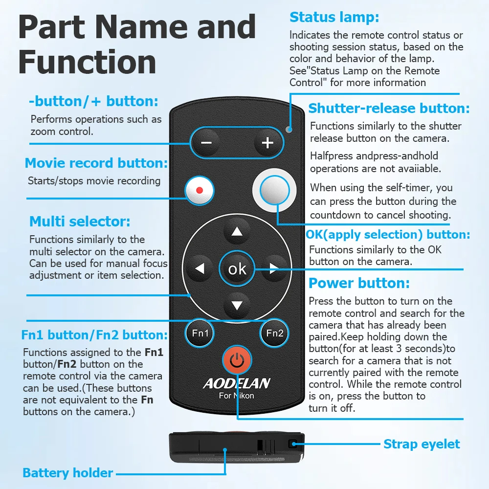 AODELAN Remote Kontrol Kamera Nirkabel Shutter Release untuk Nikon Z5 Z30 Z6II Z7II Zfc P1000 P950 Z50 B600 A1000; Ganti ML-L7