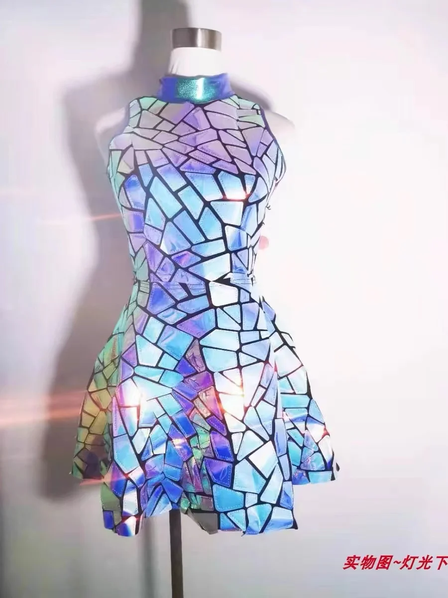 Lady Purple Blue Sliver Red Laser Mirror Sequins Top Dress Nightclub Singer Dancer Party Birthday Prom Stage Show Costume