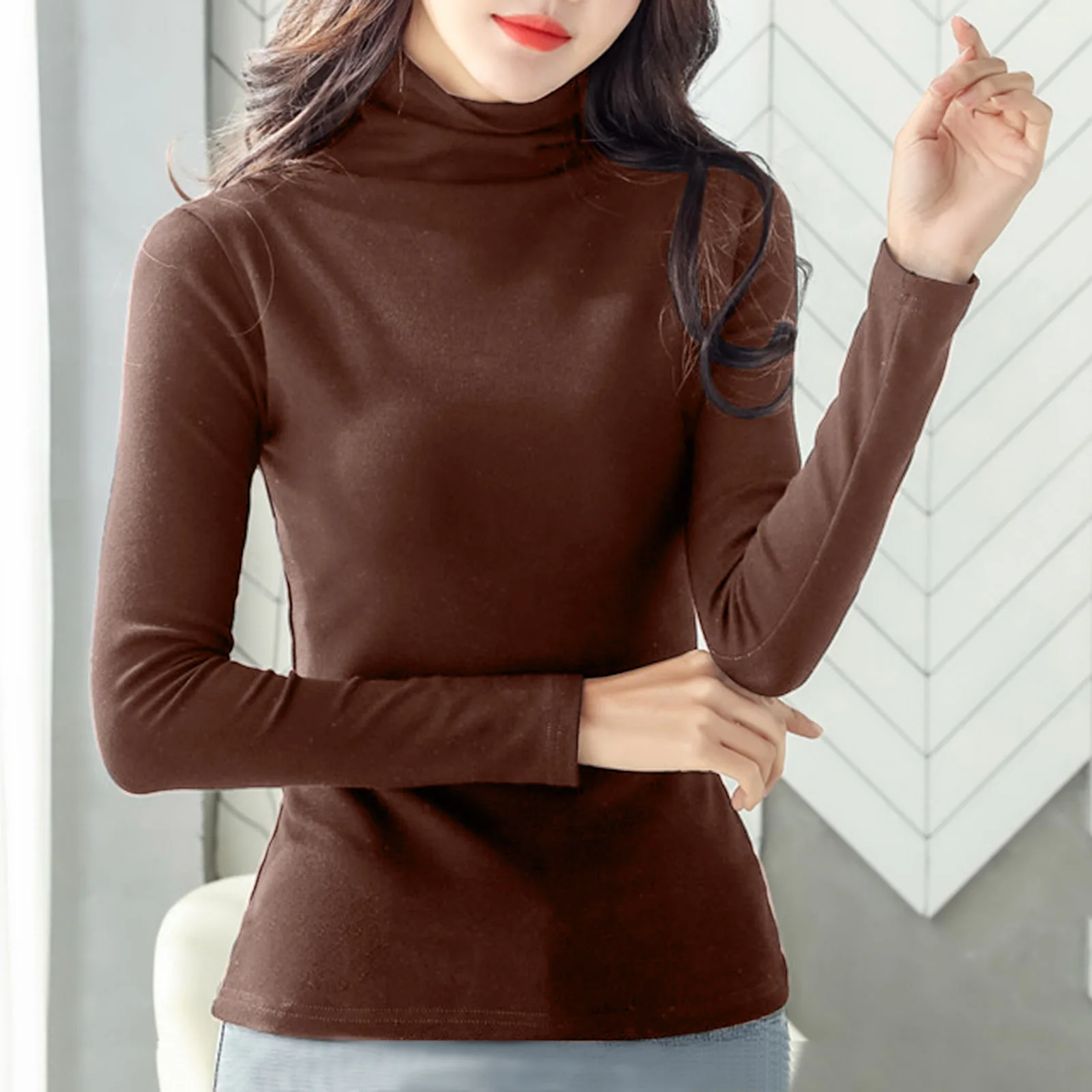 Thicken Thermal Underwear Women Autumn Winter Half High Collar Warm Tops Solid Color Long Sleeve Bottoming Shirt Fleece Pullover