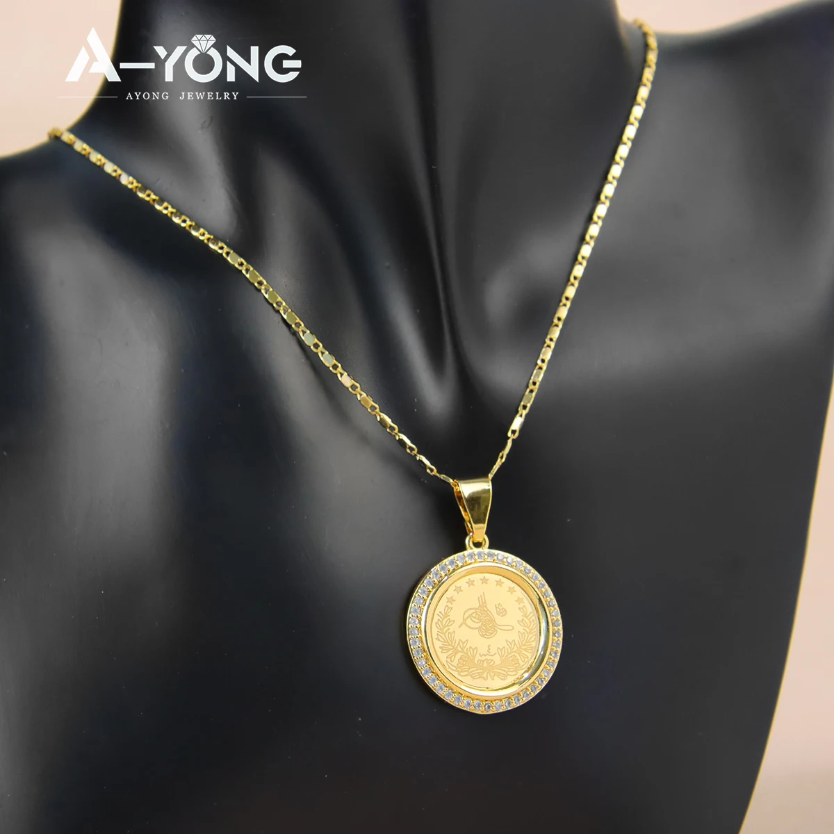 AYONG Turkish Coin Pendant 18k Gold Plated Dubai Middle East African Round Necklace Pendants Bridal Wedding Religious Jewelry