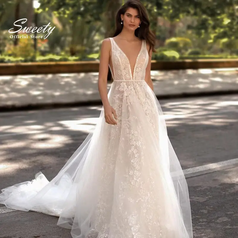 

Graceful Wedding Dressorganza With Embroidery V-Neck Bridedress Appliques Sleeveless A Line Customized Robes De MariéE Backless