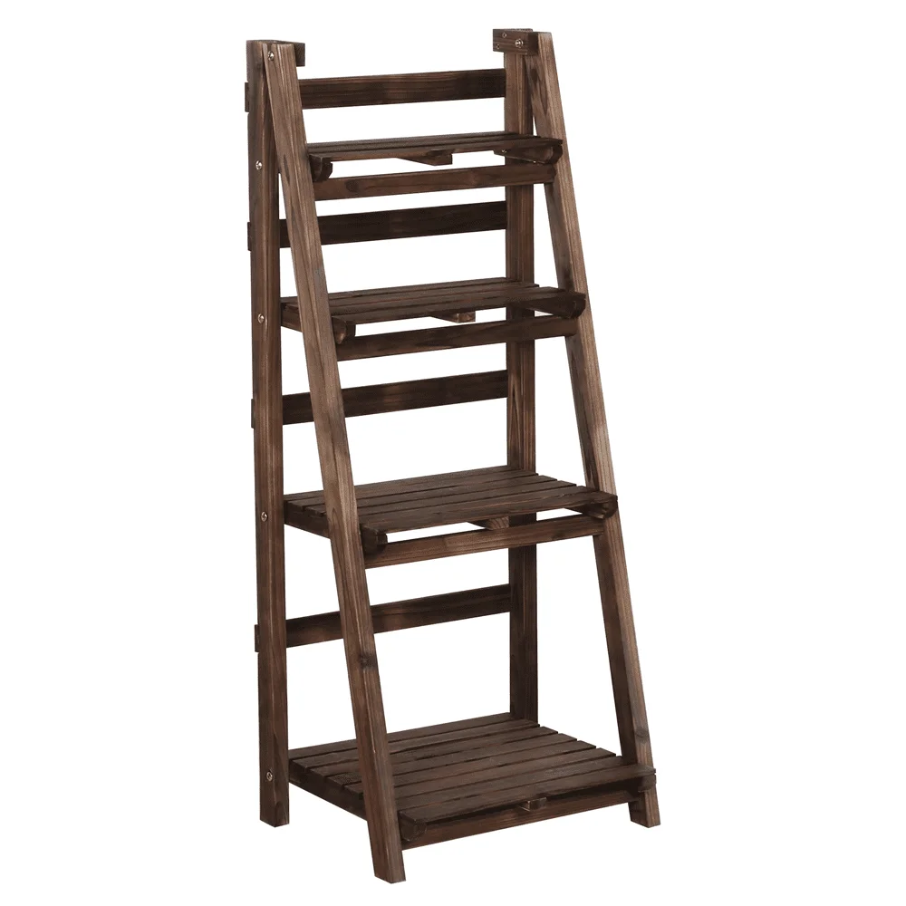 NEW 4 Tier Foldable Wooden Plant Display Stand for Indoors Outdoors Natural Wood